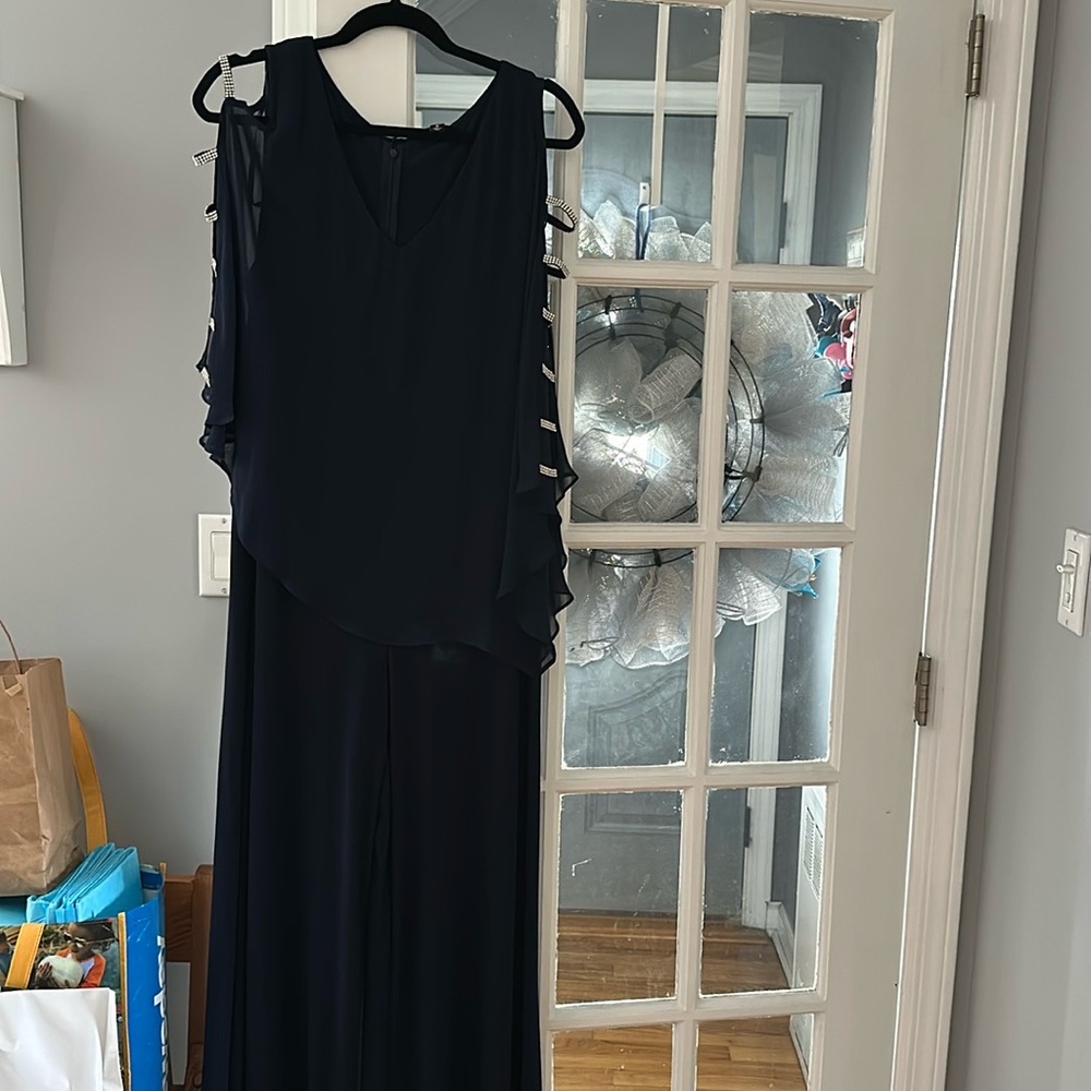 Roz & Ali Navy Blue Asymmetric dress pants romper sheer overlay size 16